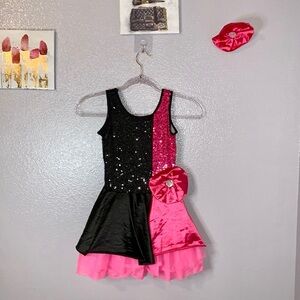 Be Wicked bright pink & black sequined dance ballet leotard dress & hair clip